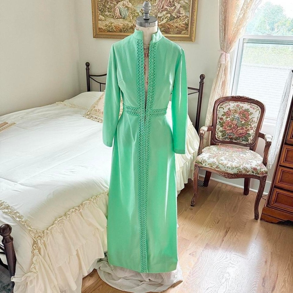 70s green‎ duster  70s boho green duster handmade size small